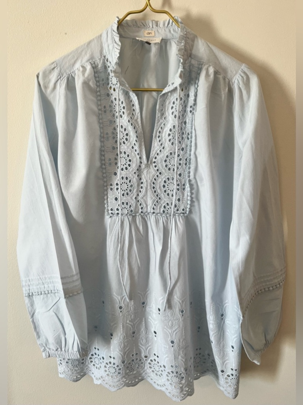 Ann Taylor LOFT Icy Blue Eyelet Peasant Boho Romantic Cotton Blouse -Small